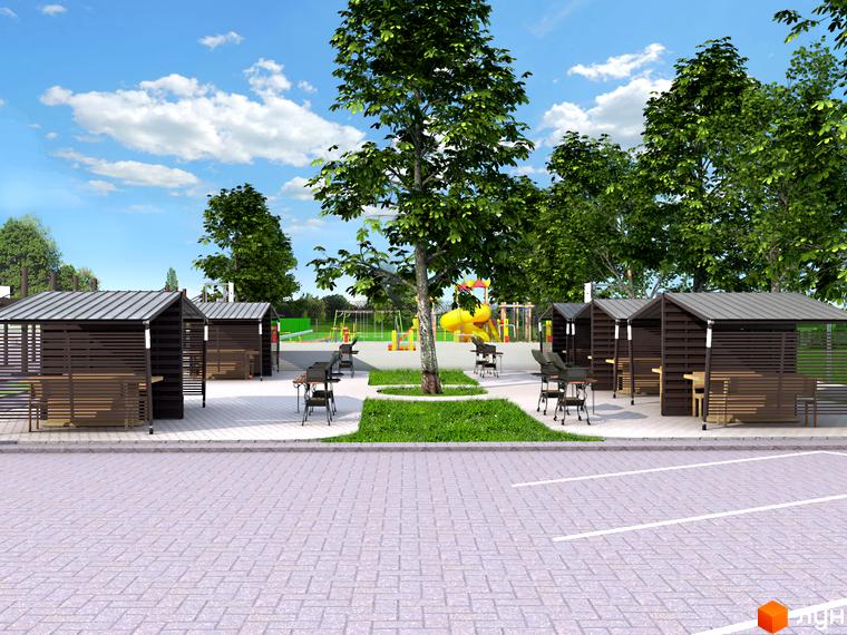 Житловий комплекс Затишний квартал: зони відпочинку з альтанками та мангалами біля дитячого майданчика. Парковка з бруківки.