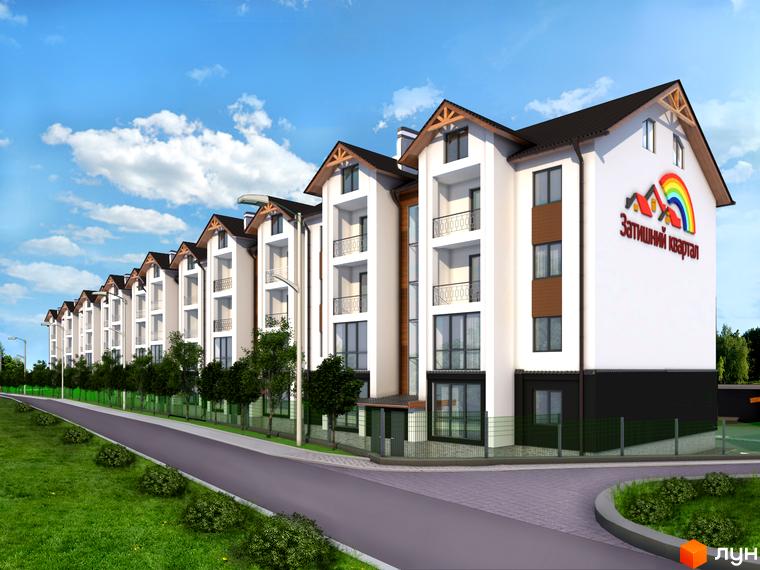 Новобудова Затишний квартал: білі фасади, темний дах, балкони. Територія включає дорогу та зелені насадження.