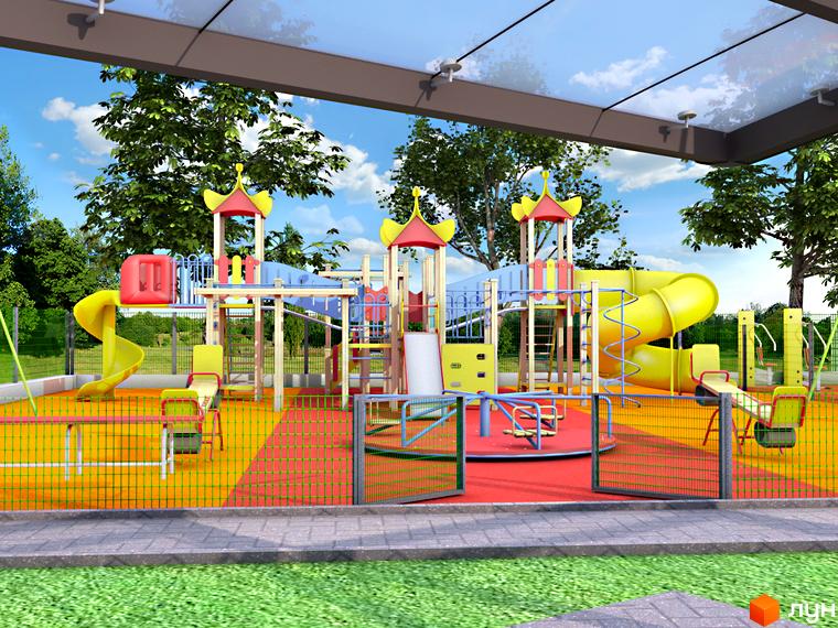 Дитячий майданчик у житловому комплексі Затишний квартал з гірками, гойдалками та каруселлю. Безпечне покриття та сучасне обладнання для дітей.