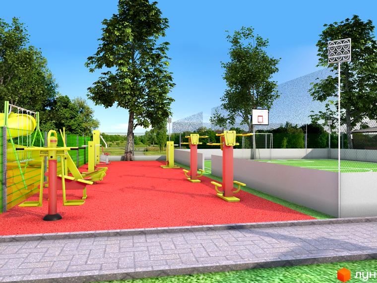 Спортивний майданчик з тренажерами та футбольним полем у житловому комплексі Затишний квартал. Відкритий простір для активного відпочинку та занять спортом.