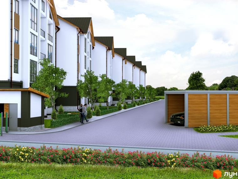 Зовнішній вигляд новобудови ЖК Затишний квартал з доглянутою прибудинковою територією, квітами та парковкою для авто.