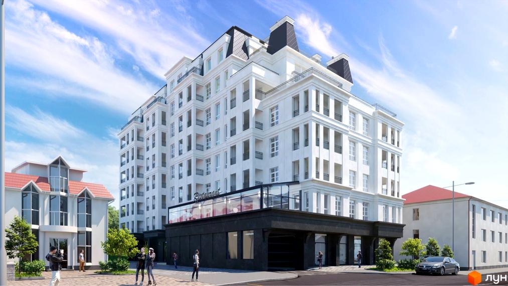 Житловий комплекс Імперіал: біла будівля з великою кількістю вікон, на першому поверсі розташований ресторан. Навколо будинку є зелені насадження та тротуар.