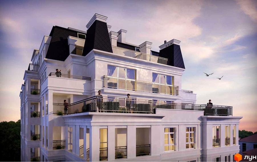 Житловий комплекс Imperial з білими фасадами та чорним дахом, на балконах якого стоять люди. Навколо будівлі видно небо з птахами.