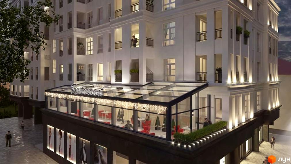 Зображення фасаду будівлі ЖК Imperial з рестораном на першому поверсі та прилеглою територією з пішоходами.