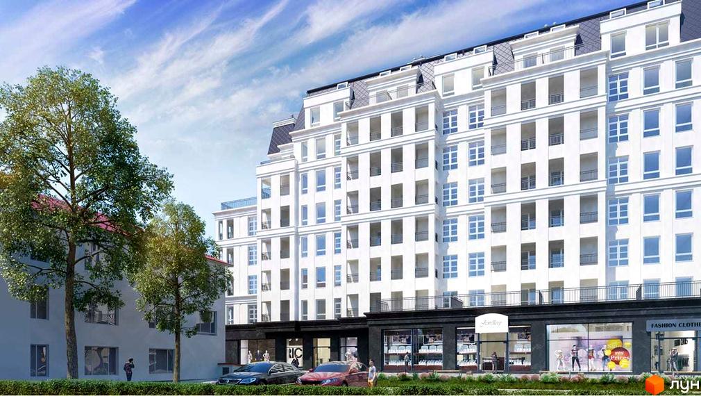 Висока біла новобудова з великими вікнами та балконами. На першому поверсі розташовані магазини. Перед будинком зелена зона з деревами та тротуаром.