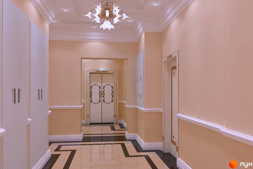 Коридор в клубному будинку «Едельвейс Феофанії». Світлий інтер'єр з декоративними елементами та великими дверима.