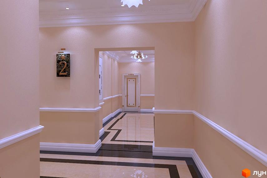 Інтер'єр холу Клубного будинку „Едельвейс Феофанії“ зі світлими стінами, білим декором та візерунковою підлогою.