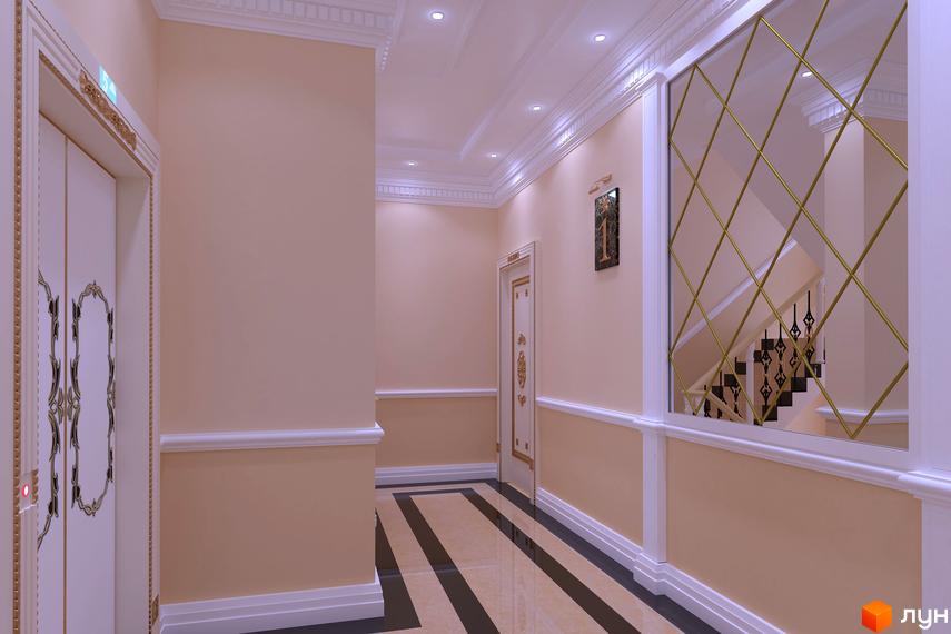 Коридор житлового комплексу з ліфтом та дзеркальною стіною, що відображає сходи. Світлі стіни та підлога з темними вставками створюють відчуття простору.