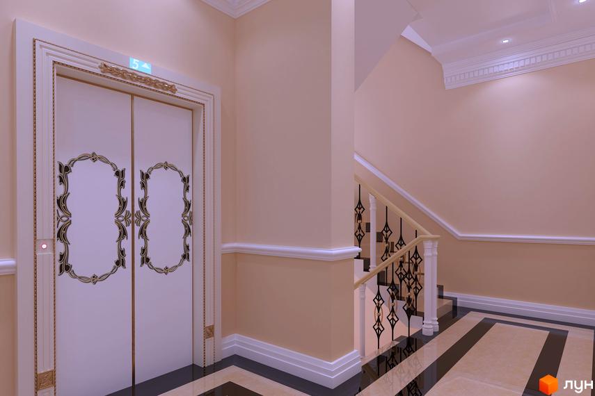 Інтер'єр холу Клубного будинку Едельвейс Феофанії з ліфтом та сходами. Ліфт має золоті та чорні візерунки, підлога викладена контрастною плиткою.