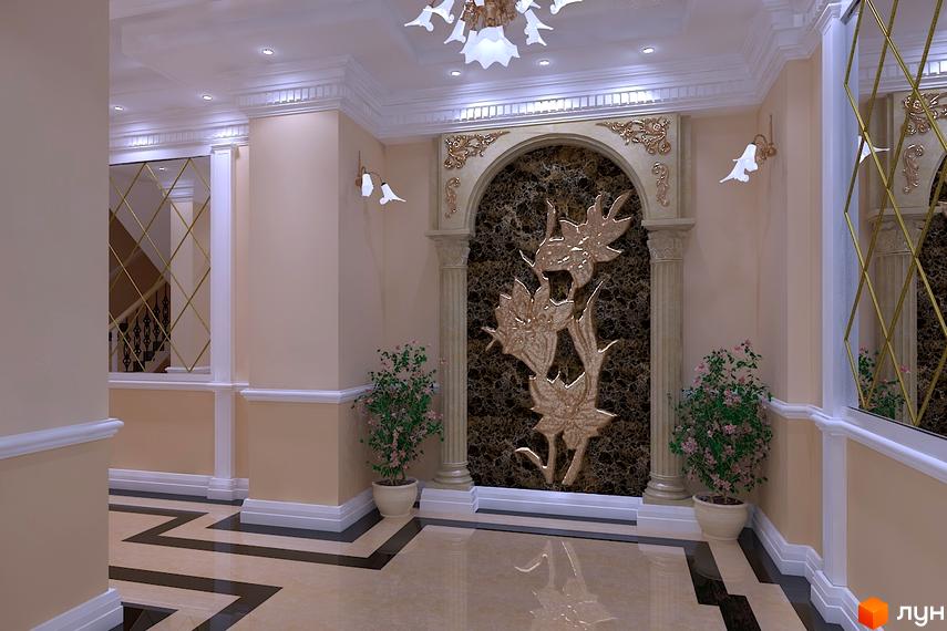 Інтер'єр холу в клубному будинку Edelveys Feofanii. Світлі стіни, декоративні елементи та рослини створюють атмосферу розкоші.