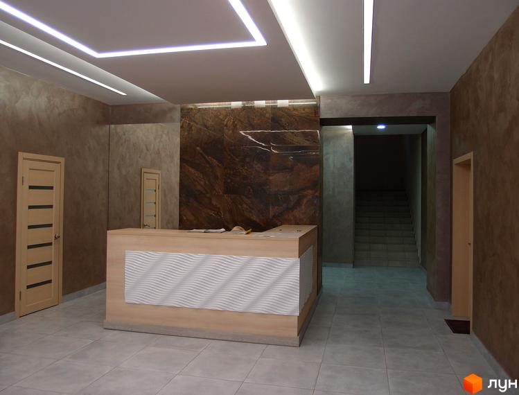 Дизайн холу новобудови ЖК Palladio з ресепшн та дверима. Сучасний інтер'єр з підсвічуванням та оздобленням стін.