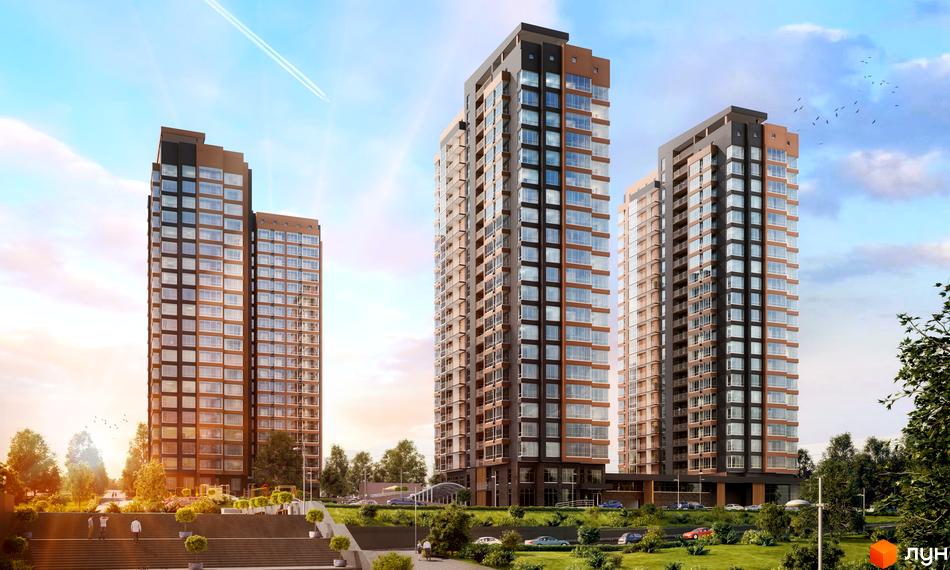 Високі будинки ЖК Central з панорамними вікнами. Благоустрій території: зелені газони, дерева, доріжки, парковка.