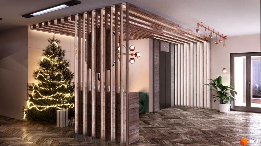 Клубний будинок Greenwood: святкова атмосфера з ялинкою та подарунками у просторому холі. Сучасний дизайн інтер'єру з дерев'яними елементами та природним освітленням.
