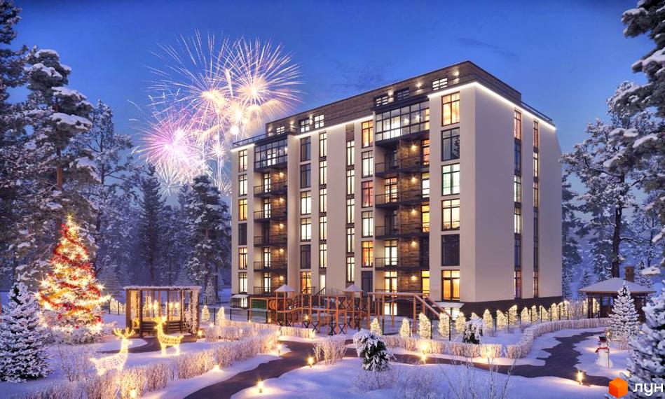 Клубний будинок Greenwood у зимовому пейзажі з ялинкою та оленями. Новобудова з фасадом, що світиться, та святковим феєрверком.