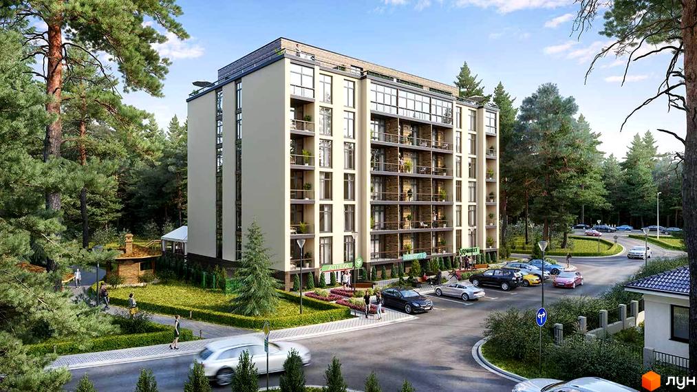 Клубний будинок Greenwood у оточенні лісу. Сучасний житловий комплекс з балконами та парковкою.