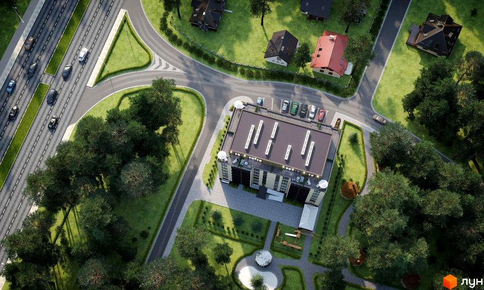 Клубний будинок Greenwood з багатою прибудинковою територією та зеленими насадженнями. Оглядовий вид на новобудову та прилеглу дорогу з автомобілями.