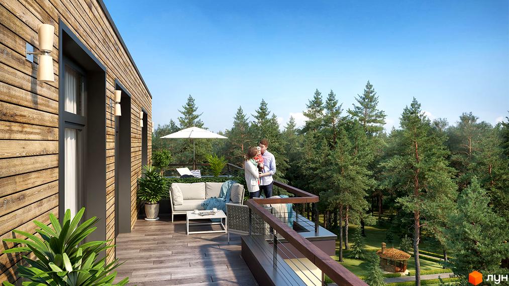 Клубний будинок Greenwood з дерев'яним фасадом та балконом з зоною відпочинку. Навколо будинку зелений ліс та доглянута територія.