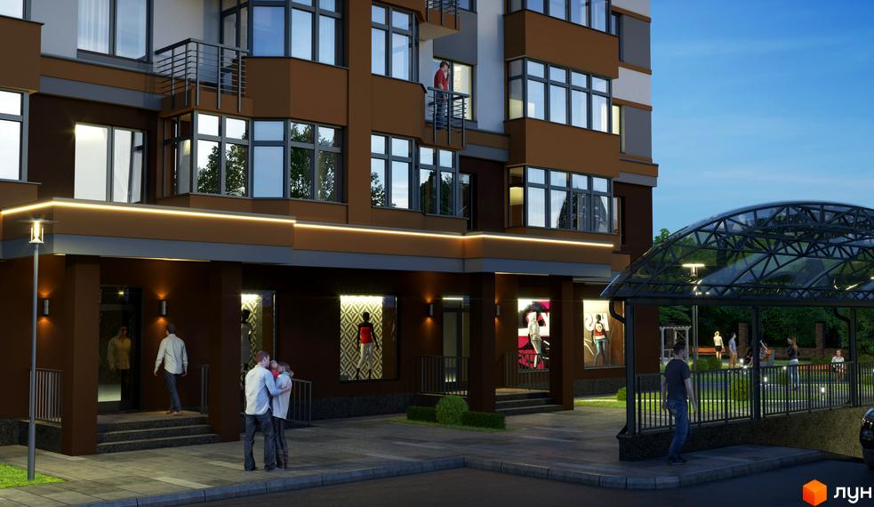 Зображення фасаду та прибудинкової території Житлового комплексу Капітал 2. Багатоповерховий будинок з великими вікнами та освітленням.