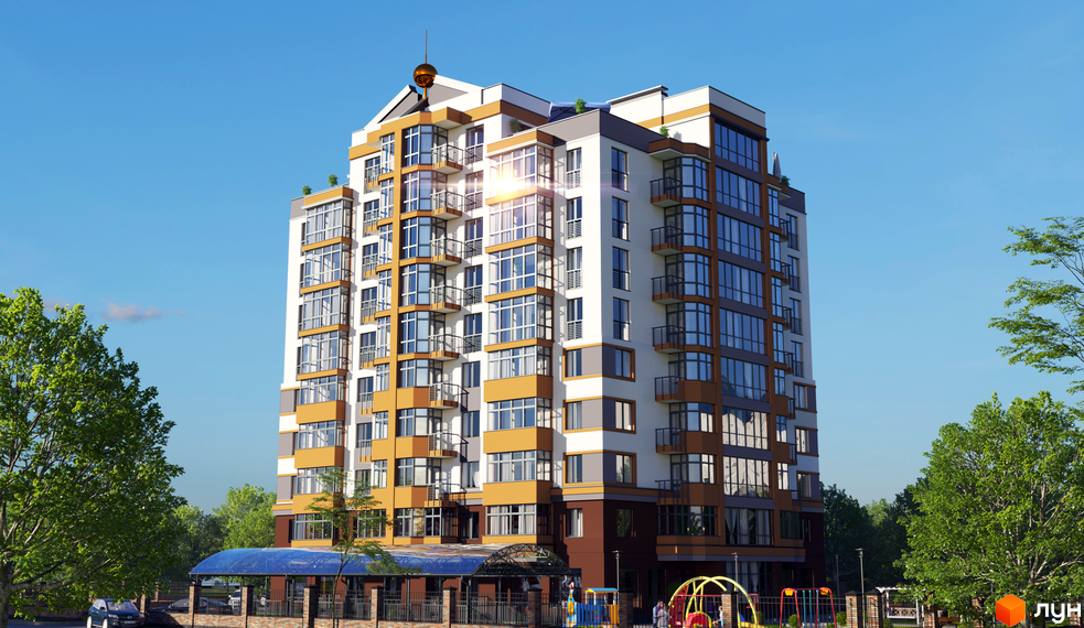 Зображення багатоповерхового будинку Житловий комплекс Капітал 2 з великими вікнами та балконами. На передньому плані дитячий майданчик.