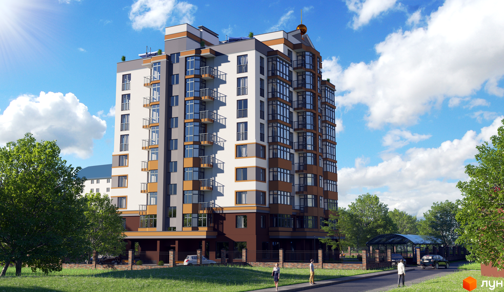 Зображення будинку Житлового комплексу Капітал 2. Багатоповерхова будівля з балконами та великими вікнами, зелена прибудинкова територія.