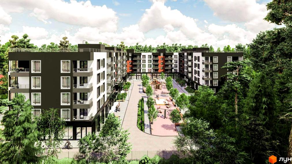 Багатоповерховий Апарт-комплекс в Пущі Водиці з темно-сірими, білими фасадами та цегляними вставками. Прибудинкова територія має дитячий майданчик та багато дерев.