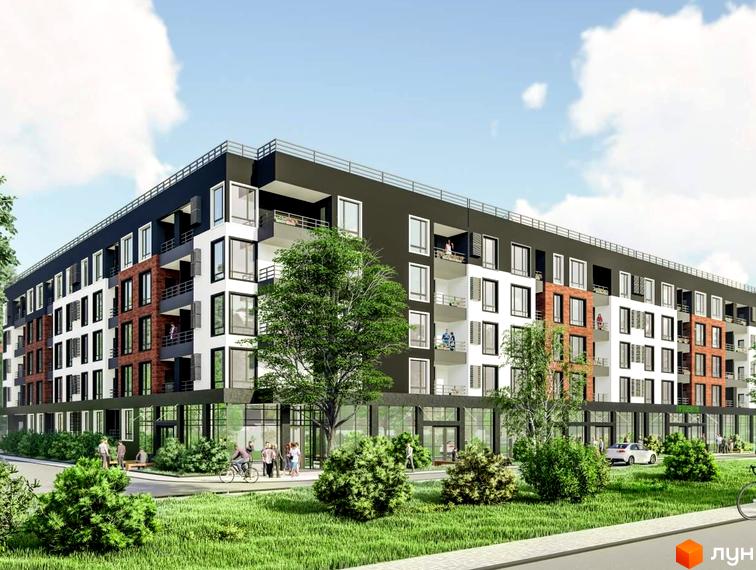 Апарт-комплекс в Пущі Водиці: будівля з білим, цегляним фасадом та балконами, скляний перший поверх. Прилегла територія з газонами, деревами та пішоходами.