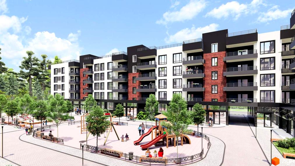 Багатоповерховий будинок Апарт-комплексу в Пущі Водиці з білими, чорними та цегляними фасадами, балконами. Прибудинкова територія з дитячим майданчиком та зеленими насадженнями.