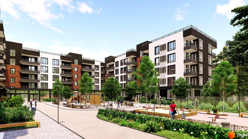 Апарт-комплекс в Пущі Водиці має багатоповерхові будинки з комбінованими фасадами та балконами. Прибудинкова територія облаштована дитячим майданчиком та зеленими зонами.