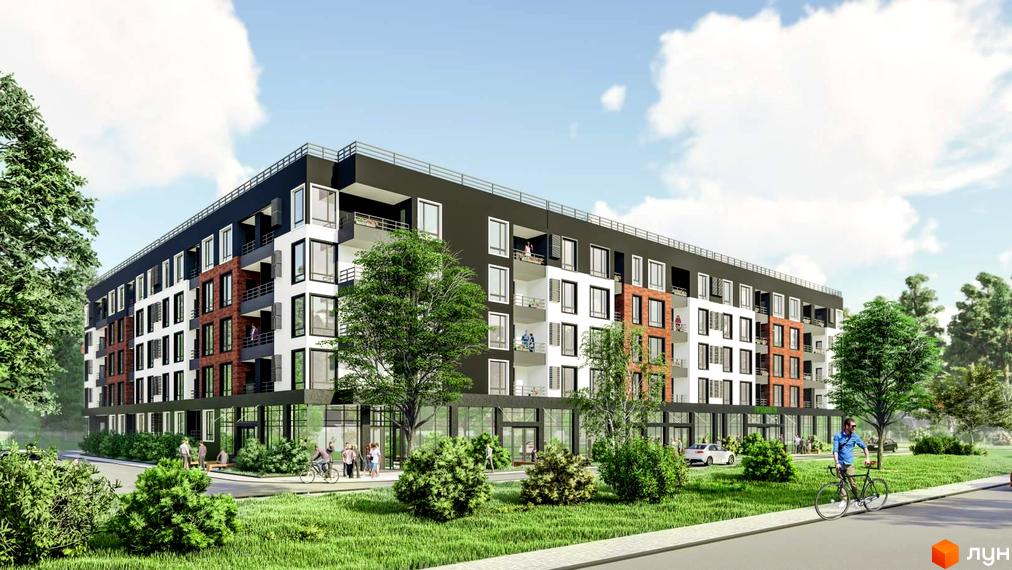 Фасад Апарт-комплексу в Пущі Водиці з темним верхнім поверхом, білими та цегляними секціями, оточений зеленими насадженнями та пішохідними доріжками.