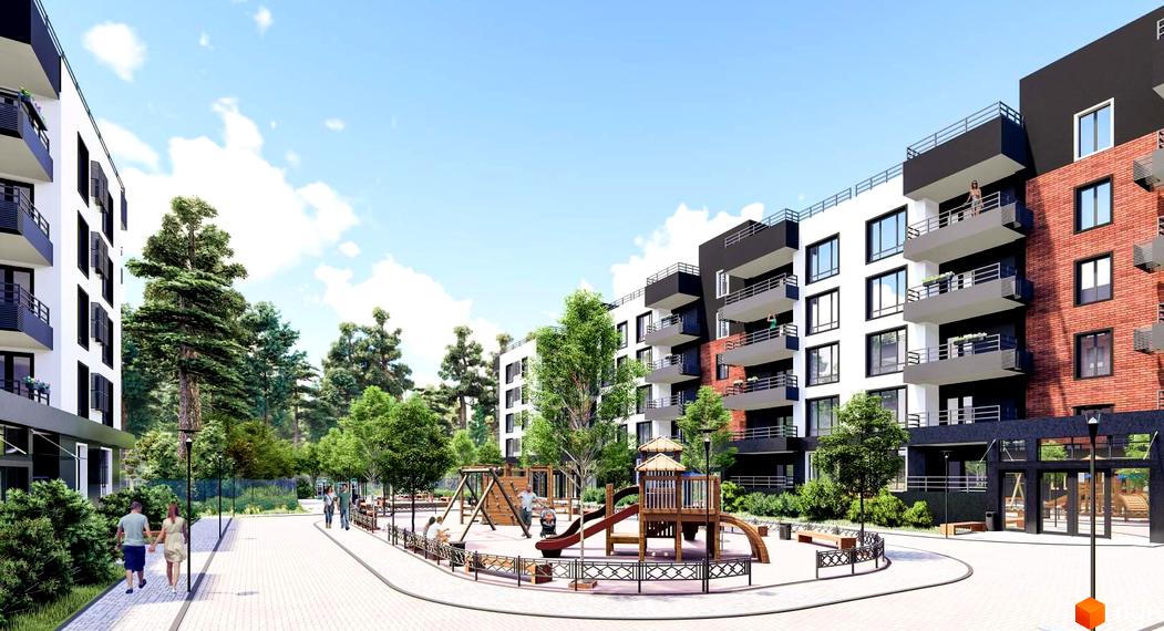 Багатоповерхові будинки Апарт-комплексу в Пущі Водиці з білими, темними та цегляними фасадами. На території дитячий майданчик та зелені насадження.