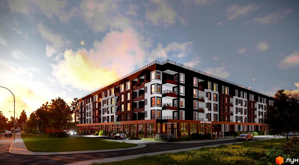 Багатоповерховий Апарт-комплекс в Пущі Водиці з темними та світлими фасадами, балконами та комерційними приміщеннями на першому поверсі. Поруч дорога, тротуар та зелені насадження.