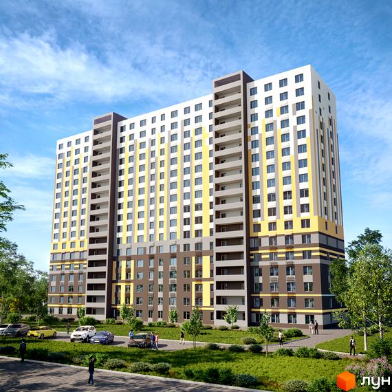 Висотна новобудова ЖК Сіті Парк з великою кількістю вікон. На прибудинковій території зелені насадження, тротуар та парковка для автомобілів.