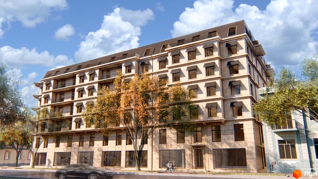 Клубний будинок Пушкінський – це п'ятиповерхова новобудова з мансардою та французькими балконами, фасади оздоблені каменем, навколо зелені дерева.