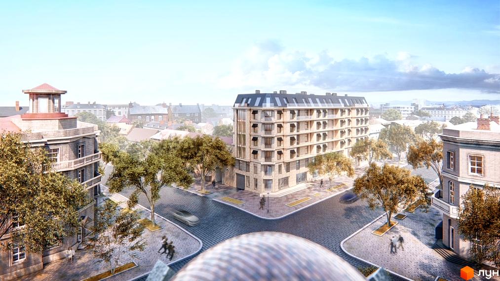 Клубний будинок Пушкінський: багатоповерхова новобудова з балконами та мансардними вікнами, розташована на перехресті вулиць з деревами та пішохідними зонами.