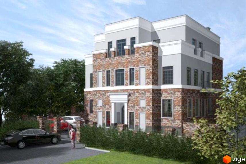 Клубний будинок Villa Loft: багатоповерховий будинок з цегляним фасадом та світлими верхніми поверхами, оточений зеленими насадженнями та парковкою.