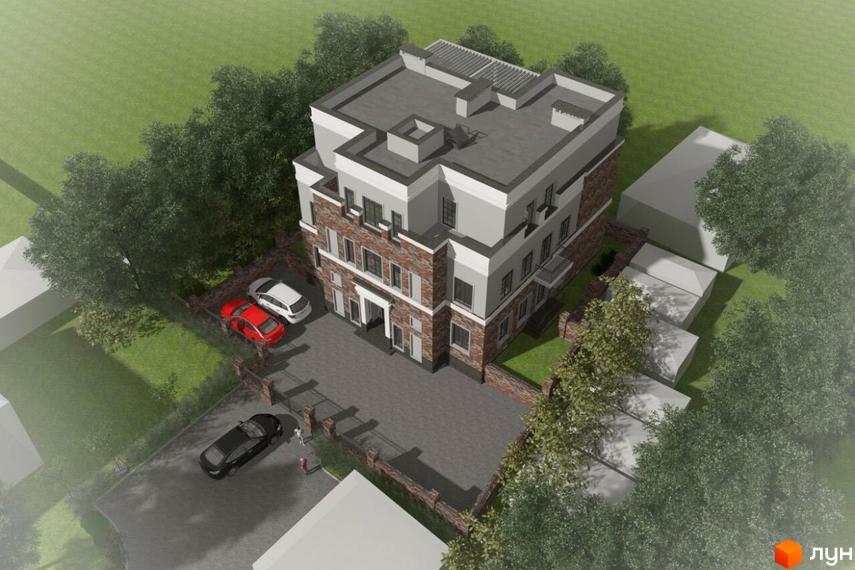 Клубний будинок Villa Loft з цегляними та світлими фасадами, оточений зеленими газонами та деревами, з облаштованою парковкою.