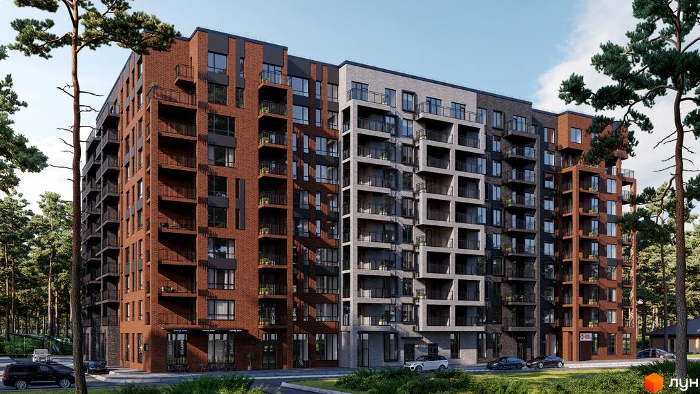 Зовнішній вигляд житлового комплексу Utlandia з цегляним фасадом та балконами. Навколо комплексу розташовані дерева та дорога з автомобілями.