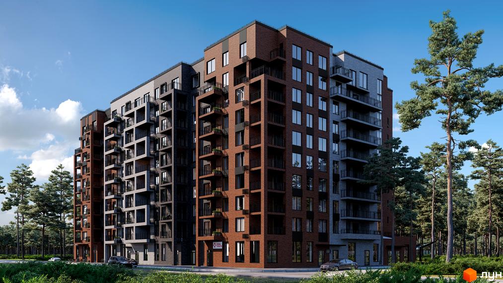 Новобудова ЖК Utlandia з цегляним фасадом та балконами на тлі соснового лісу. Зовнішній вигляд будинку та прибудинкова територія.