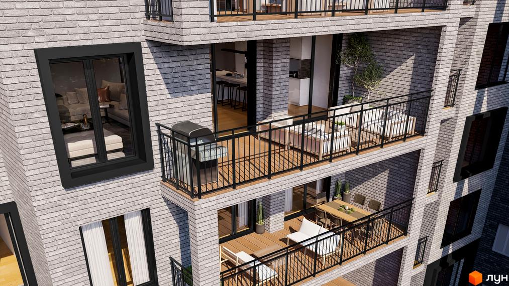 Зовнішній вигляд житлового комплексу Utlandia з цегляним фасадом та балконами з меблями та грилем. На зображенні видно вікна та тераси з відпочинковою зоною.