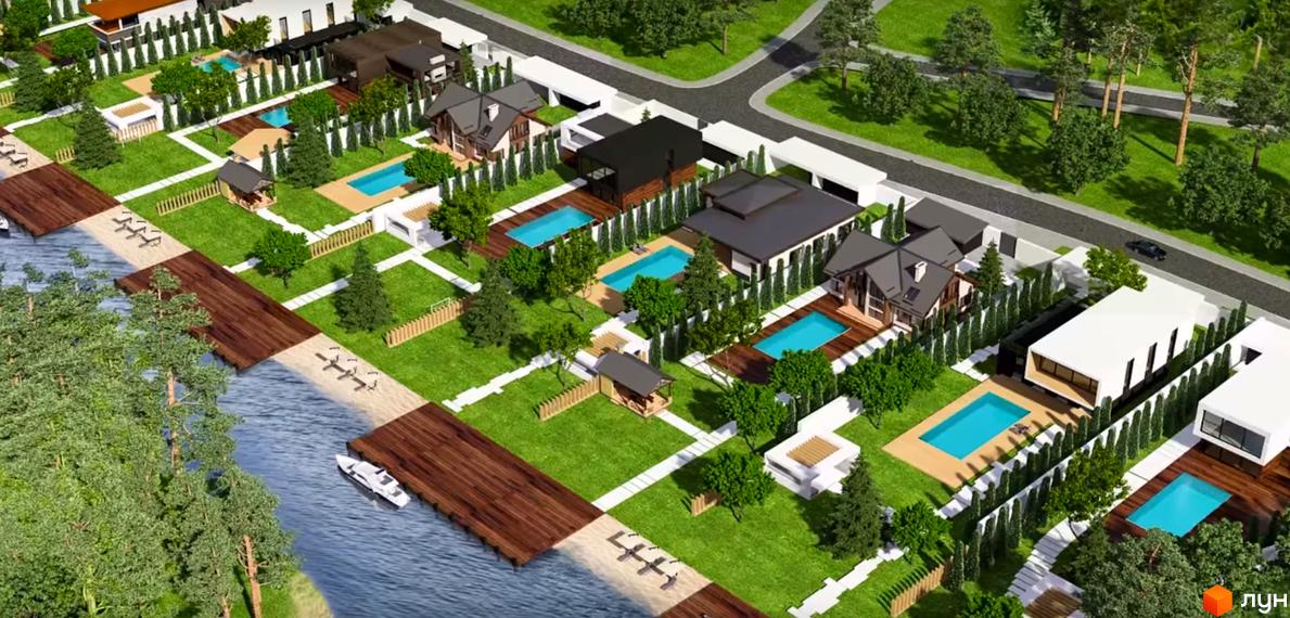 Котеджне містечко Green Bay з висоти: окремі будинки з темними дахами, басейнами та зеленою територією біля річки з причалами.