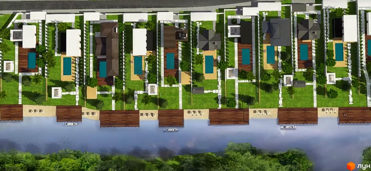 Котеджне містечко Green Bay: вид зверху на будинки з басейнами та зеленою територією біля річки.