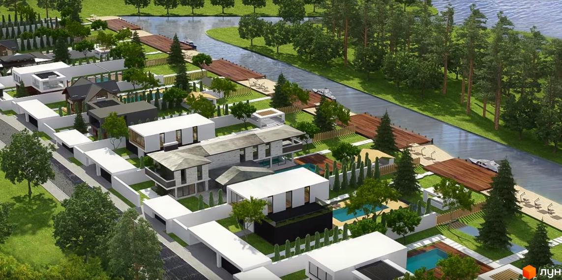 Котеджне містечко Green Bay представлене окремими будинками білого кольору з великими вікнами. Територія має зелені газони, басейни та вихід до каналу з причалами.