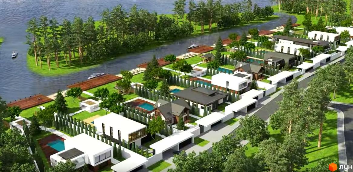 Котеджне містечко Green Bay. Панорамний вид на приватні будинки з басейнами, зелені ділянки, дерева та річку з причалами.