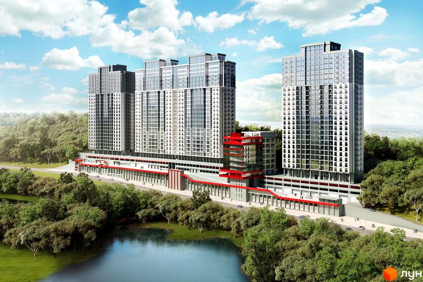 Житловий комплекс Совські ставки: сучасна архітектура, високі будівлі з панорамними вікнами, зелена прибудинкова територія з озером. Комплекс розташований серед дерев.