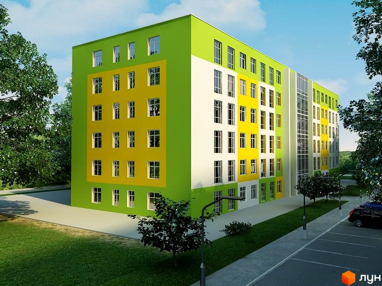 Житловий комплекс Парковий. Багатоповерховий будинок з яскраво-зеленим та жовтим фасадом, оточений деревами та зеленою територією з парковкою.