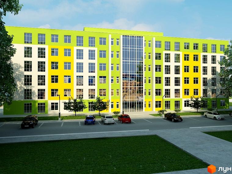 Багатоповерховий будинок Житлового комплексу Парковий з яскравим фасадом у зелених, білих та жовтих кольорах. Перед ним парковка та зелені газони.