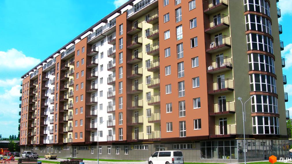 Фаворит - це житловий комплекс з яскравими фасадами та численними балконами. Навколо будинку розташовані зелені насадження та зони відпочинку.