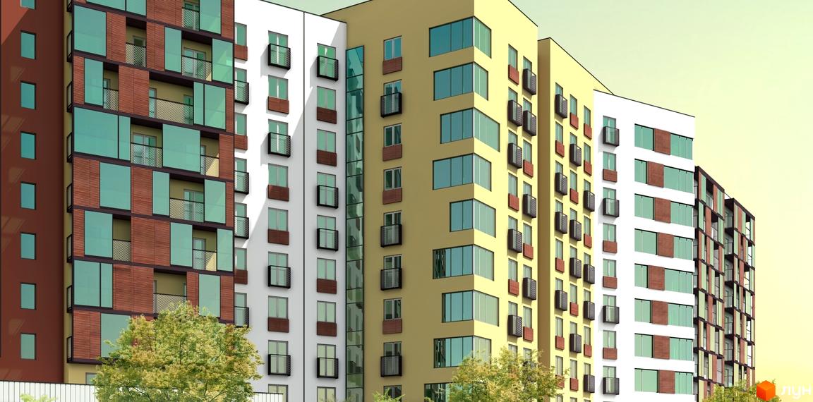 Зовнішній вигляд новобудови ЖК Фаворит з фасадами з цегли та скла. Будинок має багато балконів та вікон, оточений деревами.