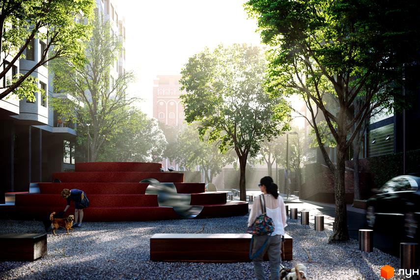 Житловий комплекс 044: багатоповерховий будинок з балконами, оточений доглянутою прибудинковою територією з деревами та червоною сходинковою зоною відпочинку.