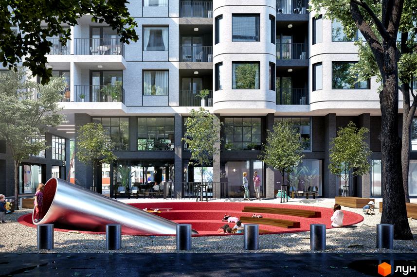 Житловий комплекс 044. Фасад будівлі з балконами та великими вікнами. Прибудинкова територія з дитячим майданчиком та гіркою.